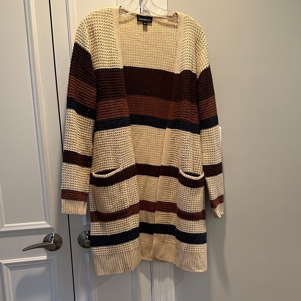 Cozy Striped Cardigan in Cream, Brown, and Black